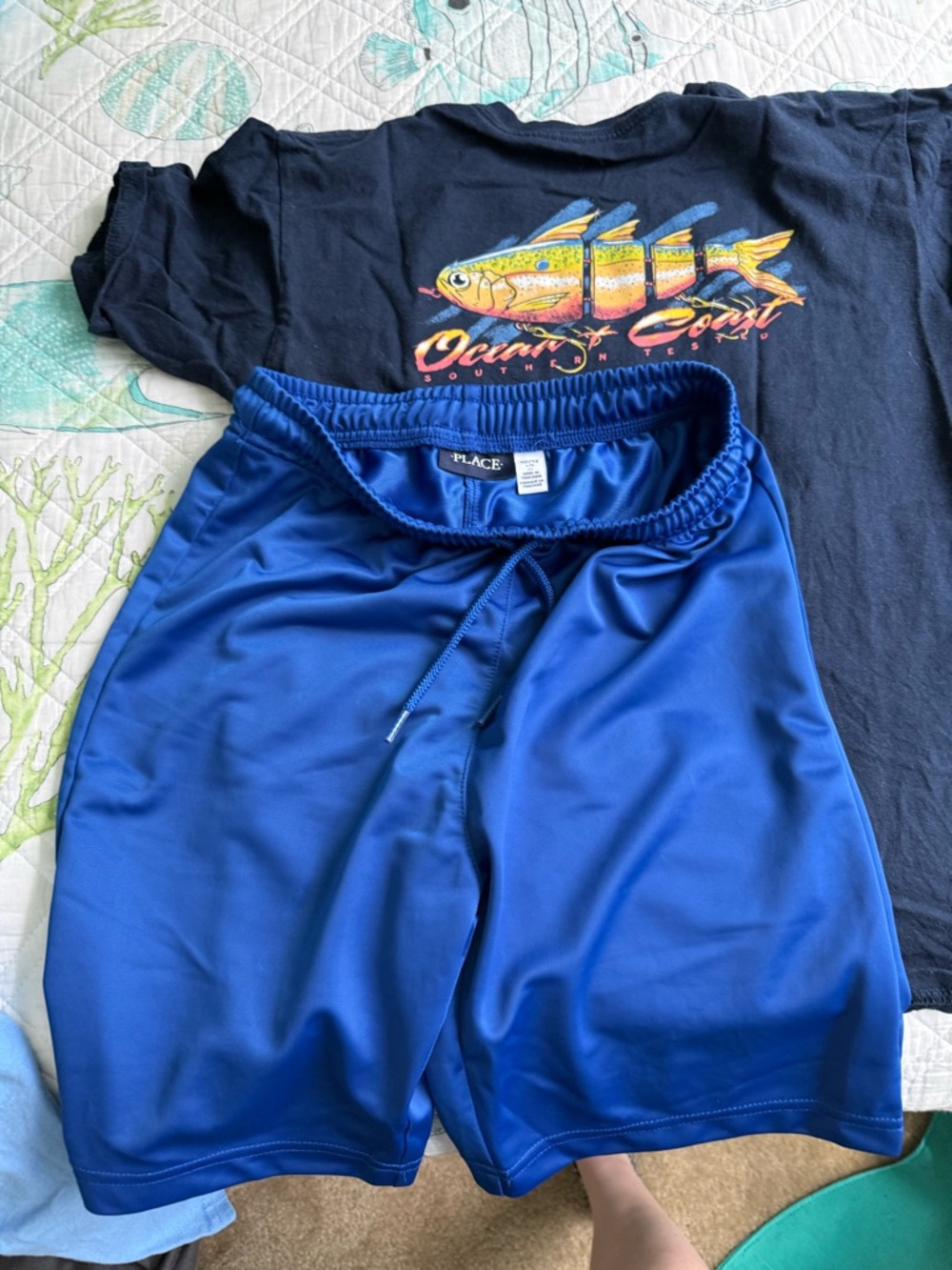 Kids large Children’s Place Royal Blue shorts and large Ocean Coast tee-shirt